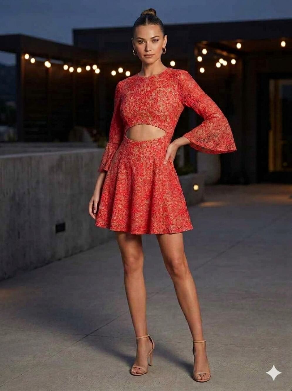 BCBGMaxAzria MaryBeth Red Lace Cutout Bell Sleeve Boho Mini Revenge Dress Sz 8